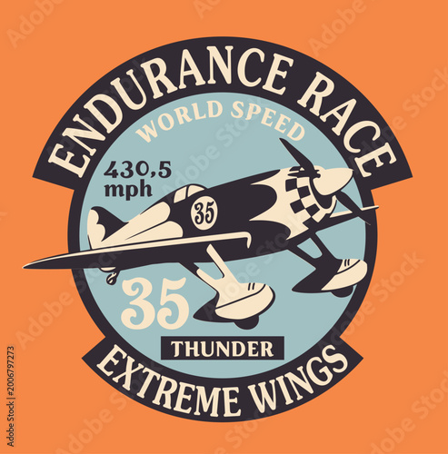 Airplane Vintage Badge T-Shirt Design, Endurance Race Aircraft Illustration, Retro Aviation Logo with Distressed Texture