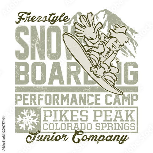 Snowboarding Vintage T-Shirt Design, Freestyle Snowboard Graphic with Cartoon Rider, Retro Winter Sports Camp Badge