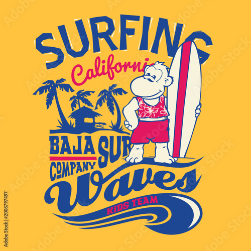 Surfing California Kids T-Shirt Design, Cartoon Surfer with Board, Retro Beach Waves Graphic for Summer Apparel