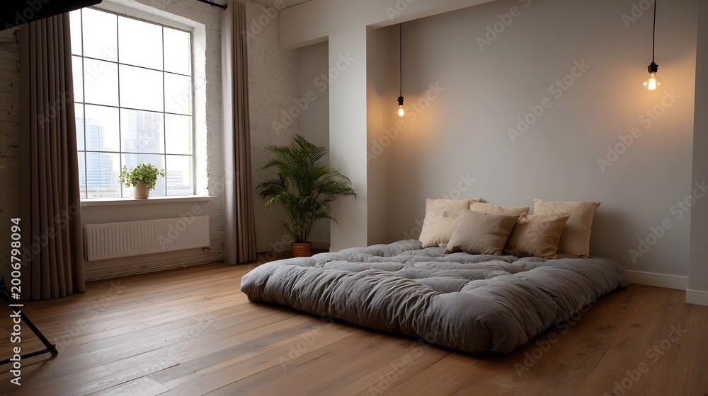 Fototapeta premium A bright cozy contemporary bedroom interior featuring natural light wooden floors and sophisticated neutral decor