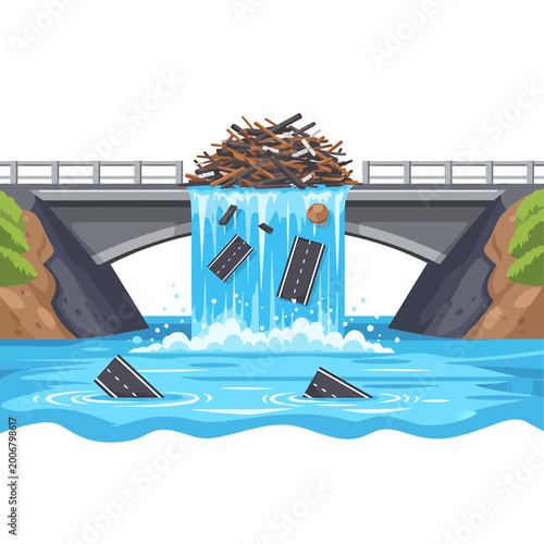 Collapsed road bridge destroyed by flood vector illustration