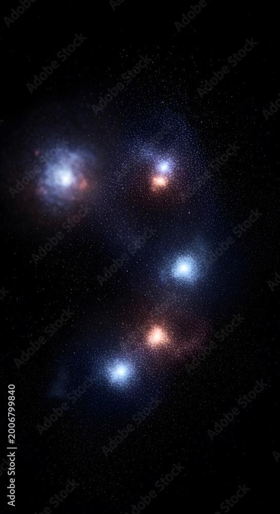 Fototapeta premium Cosmic view of glowing star clusters and blue nebulae scattered across deep space vacuum.