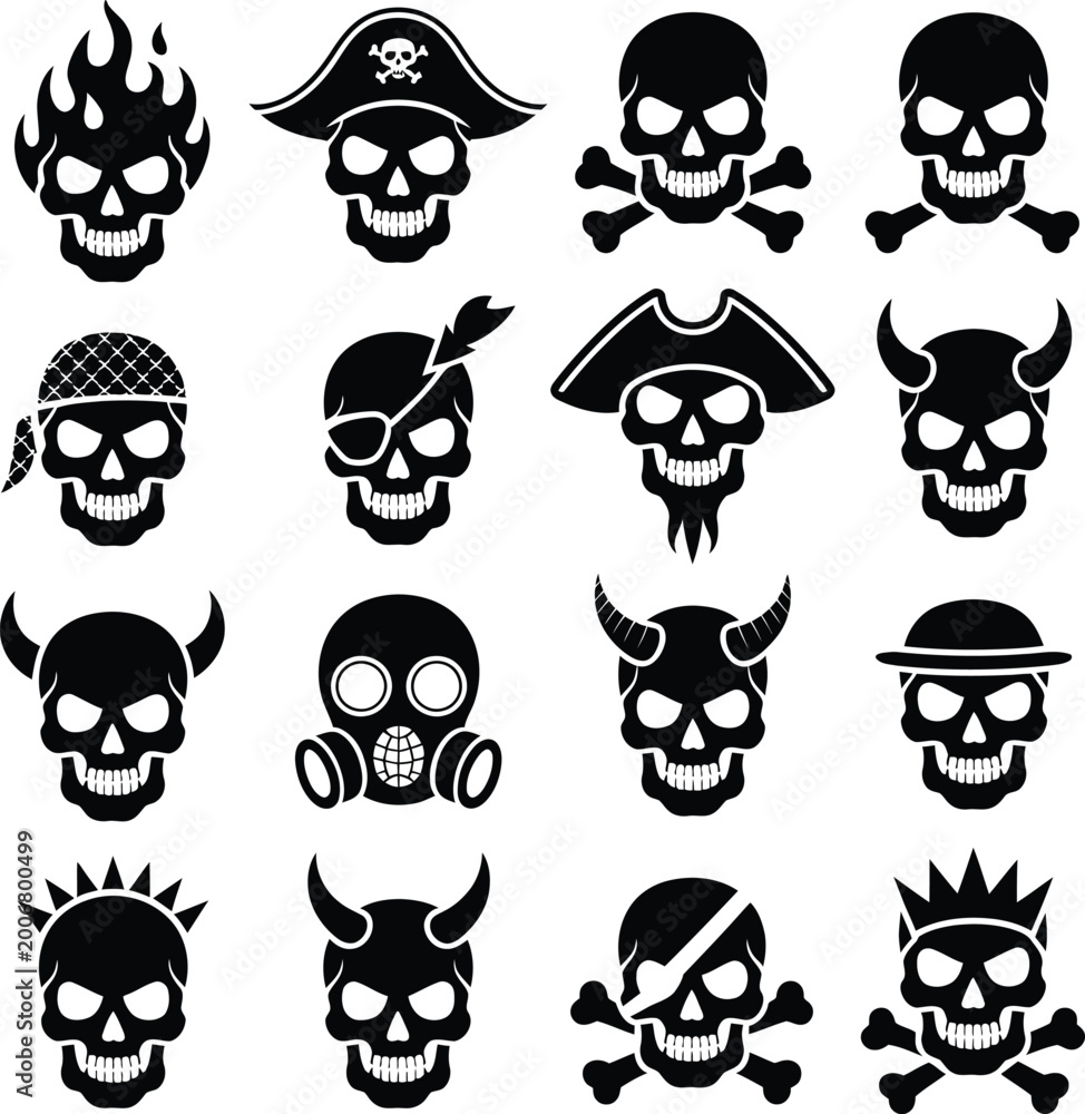 Fototapeta premium Skull icons set featuring various character designs like pirates and demons in a minimalist flat vector illustration style for creative branding projects.