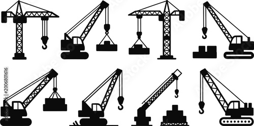 Photography Black crane lift hoist tower work site vector icon set