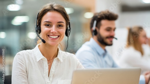 Woman, laptop and call center agent with smile for customer service, crm and help or support. Sales representative, tech and telemarketing with portrait for communication, networking and negotiation