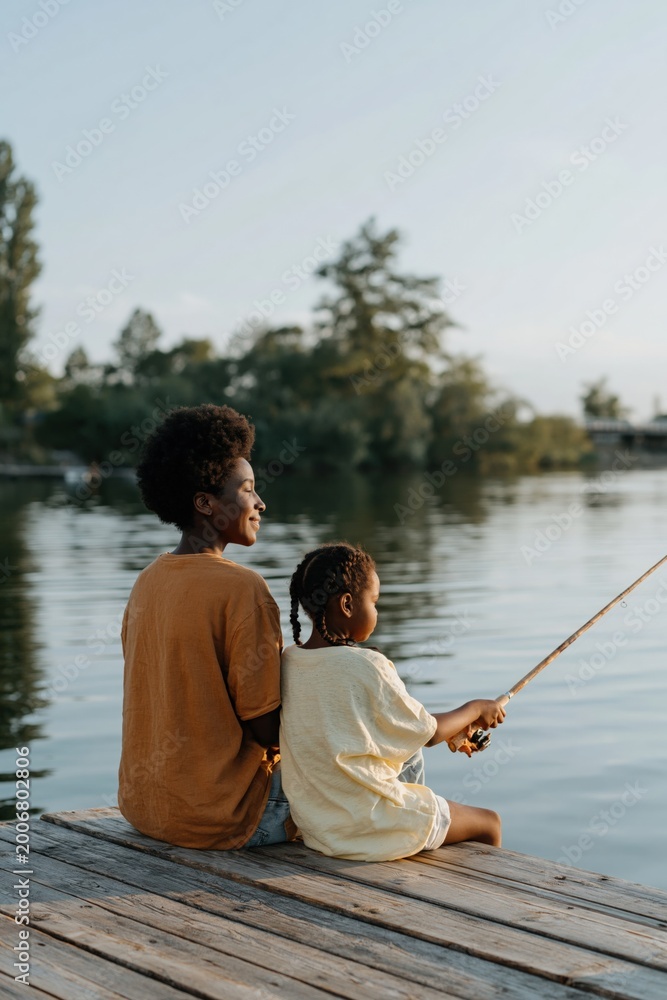Fototapeta premium Two children sitting fishing on wooden dock by lake