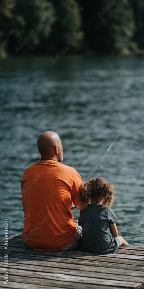 Fototapeta premium Man and child sharing moment on wooden dock by lake