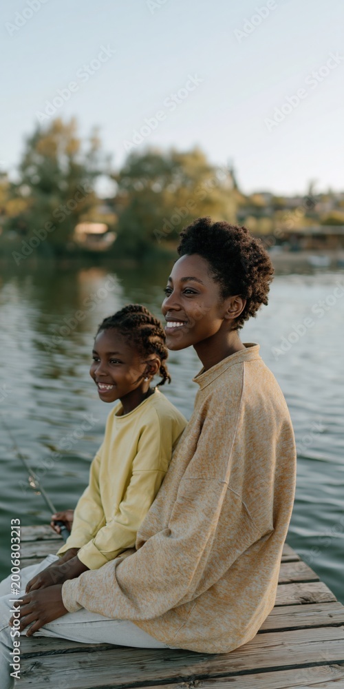 Fototapeta premium Woman and girl smiling while sitting on lakeside dock