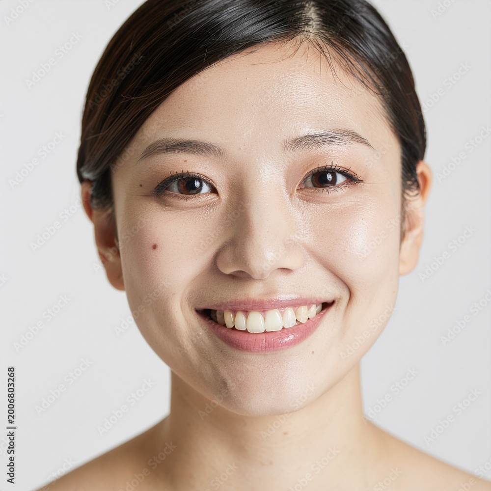 Obraz premium Portrait de face d'une jeune femme asiatique souriante avec une peau parfaite