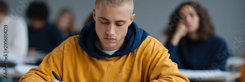 Male student completing written test in crowded classroom setting