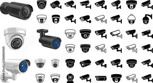 Schilderij op canvas CCTV security camera icon set with dome and bullet surveillance devices in multi