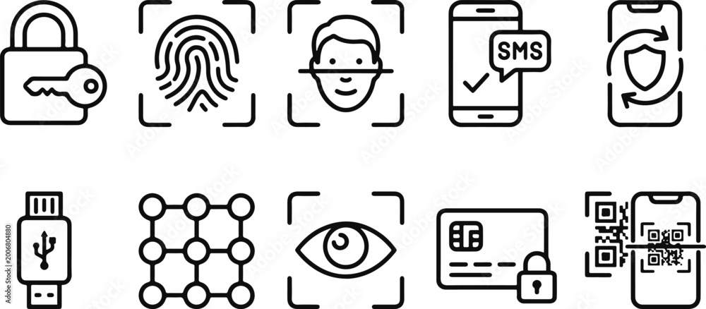 Fototapeta premium Black line icons of digital security and technology