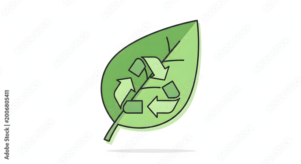 Obraz premium Minimal flat icon of a green leaf combined with a recycling symbol, representing sustainability and eco-friendly lifestyle. 