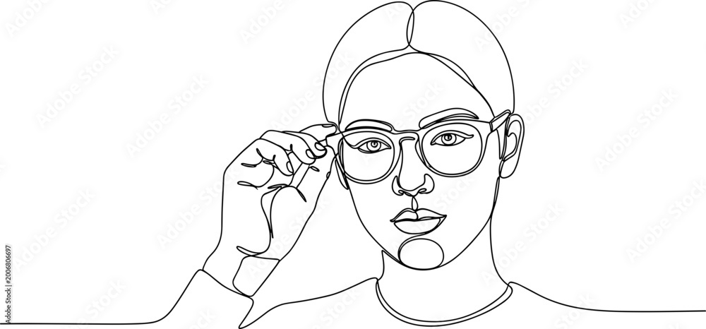 Fototapeta premium Minimalist Line Art Portrait of a Young Woman Adjusting Glasses
