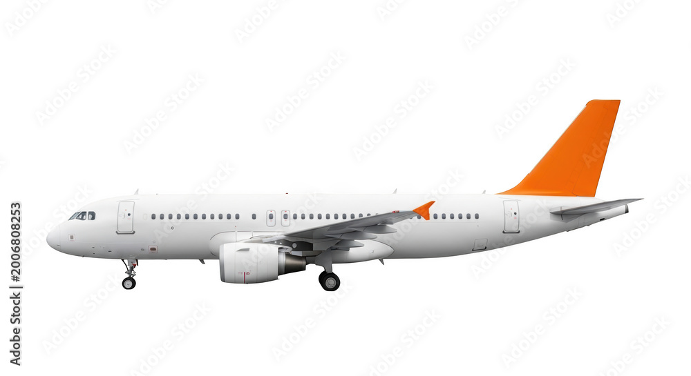 Obraz premium Side view of a white passenger airplane with an orange tail fin, isolated on transparent background