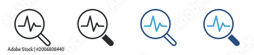 Health monitoring icon set. heartbeat pulse inside magnifying glass. diagnostics and analysis concept. vector illustration.