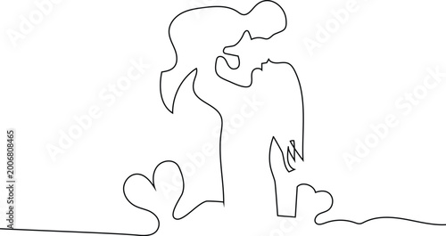 Parent holding child in continuous line art style Keywords: parent, child, family, love, holding