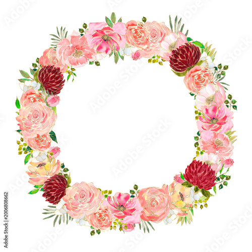 Round Watercolor Rose Wreath with Green Leaves, Hand-Drawn Floral Frame, 5000x5000 px, 500 DPI, Transparent PNG, Botanical Circle Border for Invitations