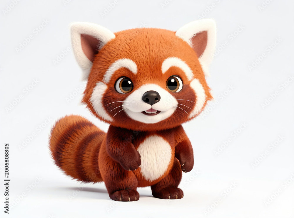 Fototapeta premium A red panda stands on a white background, looking around