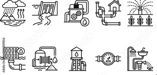 Foto Black and white line icons of water supply and treatment