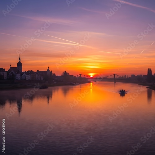 Golden sunrise over a city skyline with a bridge spanning a tranquil river