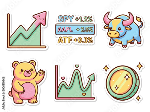 Cute Stock Market Icons with Bull and Bear.