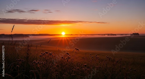 Golden sunrise over misty fields, casting sunbeams through tall grass