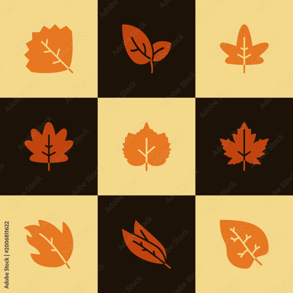 Fototapeta premium Desert Ember Leaf Icons Grid — Fall Botanical Symbols in Warm Earthy Tones