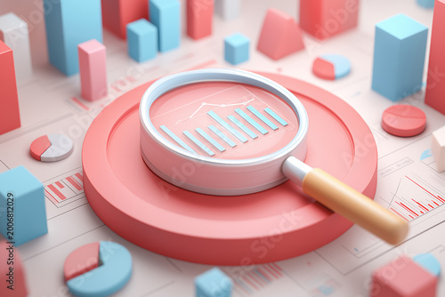 Digital and internet marketing analytics. Statistics data of market and customer research. Magnifying circle chart and graphs