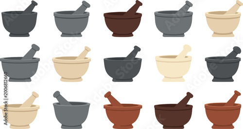 Canvastavla Set of professional kitchen mortar and pestle icons colorful stone and wooden gr