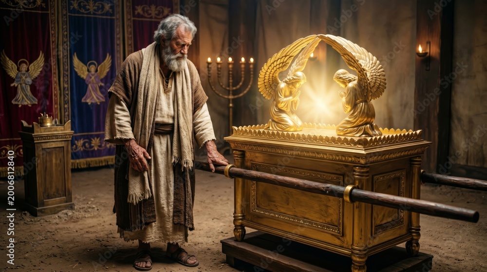 Obraz premium Old priest standing near the Ark of the Covenant inside a tabernacle. Ancient biblical scene depicting holiness and divine presence. Historical religious faith and worship concept.