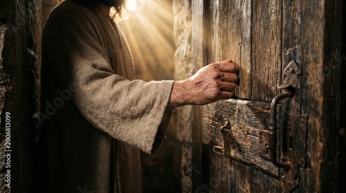 Jesus knocking on wooden door. Man in robe representing savior calling for faith. Biblical scene with light shining, spiritual concept of reaching out to humanity. Christian religion.