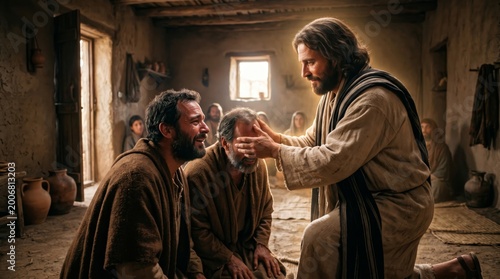 Jesus healing blind man in ancient house. Religious scene showing miracle of sight restoration. Biblical faith, spiritual compassion and holy grace in traditional Middle Eastern setting.