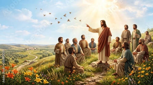 Jesus preaching to his disciples in a field with flowers. Biblical scene of religious teaching. Christian faith, spiritual guidance and divinity concept for holy worship background.