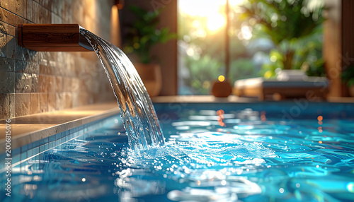 Chorro de agua en una piscina de spa con iluminación cálida y ambiente relajante de bienestar, concepto de hidroterapia, lujo, descanso, salud y experiencia sensorial