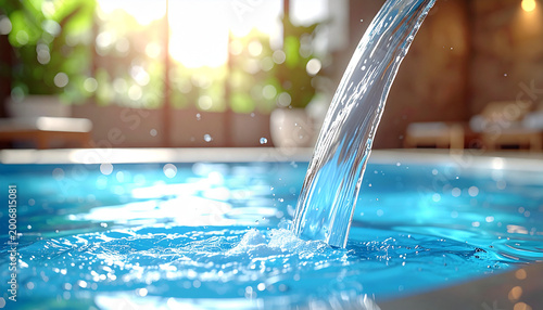 Chorro de agua en una piscina de spa con iluminación cálida y ambiente relajante de bienestar, concepto de hidroterapia, lujo, descanso, salud y experiencia sensorial