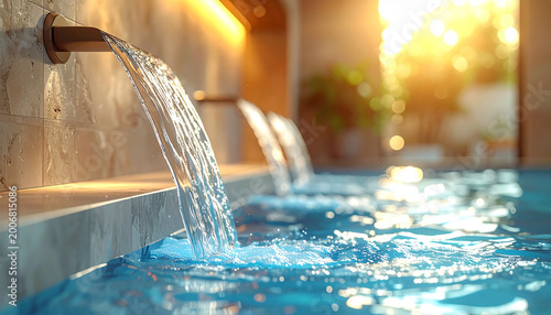 Chorro de agua en una piscina de spa con iluminación cálida y ambiente relajante de bienestar, concepto de hidroterapia, lujo, descanso, salud y experiencia sensorial