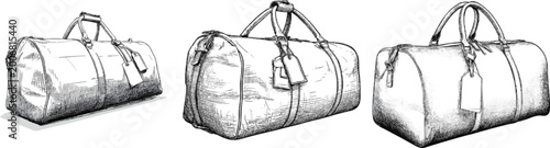 A meticulously detailed line art drawing of a classic duffel travel bag features leather straps, luggage tags, fine point pen and ink details, complex precise lines, intricate cross-hatching for