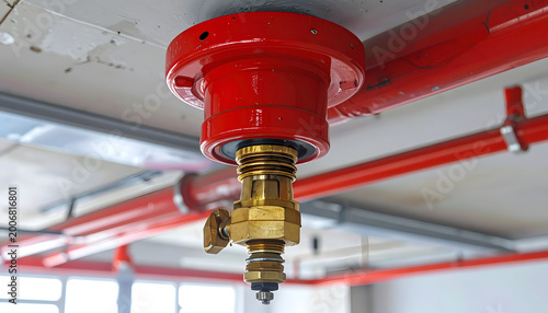 Close-up of a Red Fire Sprinkler Head System on a Ceiling.