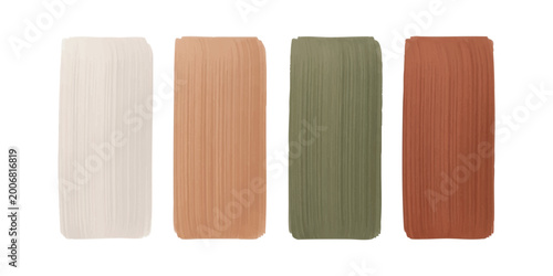 Four vertical rectangular paint strokes with earth tone colors showing texture and artistic brush marks