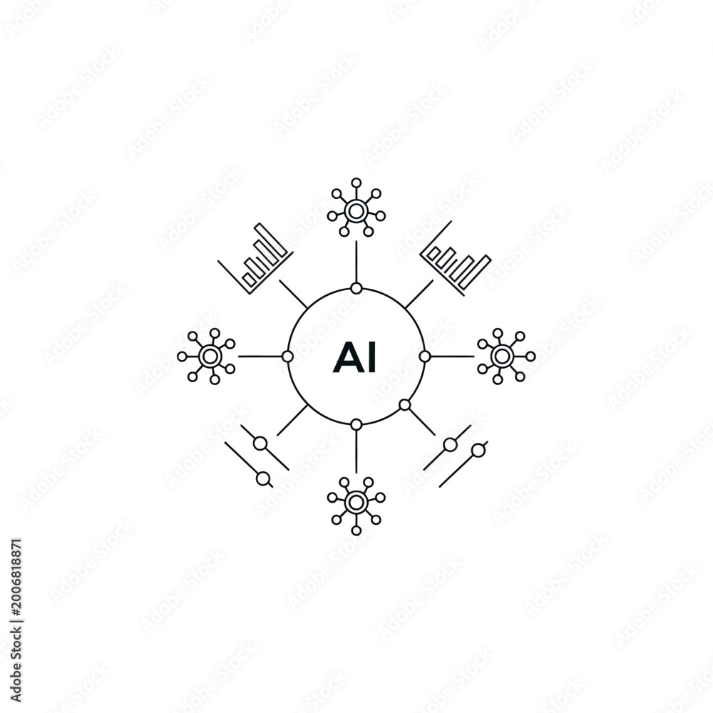 Fototapeta premium Artificial intelligence network diagram with data charts and nodes