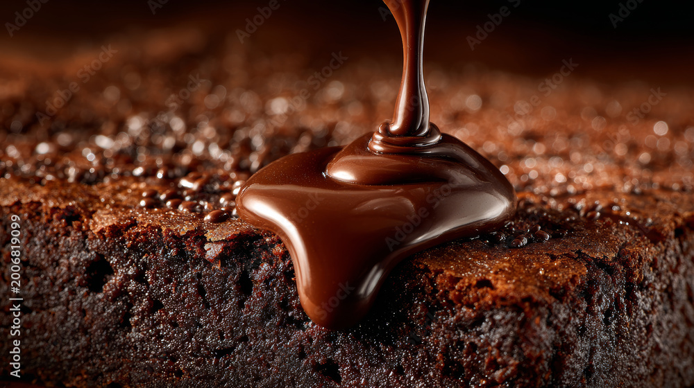Obraz premium Close-up of glossy runny chocolate pouring slowly over a warm brownie, dramatic lighting, rich texture, high detail, dessert photography.