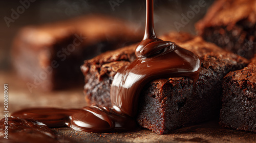 Close-up of glossy molten chocolate slowly pouring over warm brownies, rich texture, cinematic macro photography, steam rising, dramatic shadows, luxury dessert ad. 