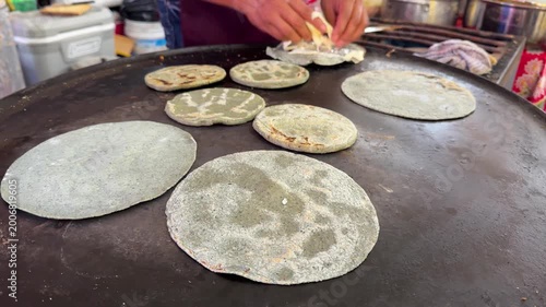 Queretaro Street Food Cooking Quesadillas Corn Tortillas Griddle Close Up