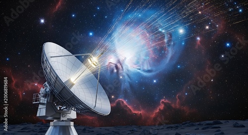Radio telescope observing a distant nebula in deep space