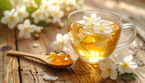 Aromatic Jasmine Tea with Honey on a Rustic Wooden Table.