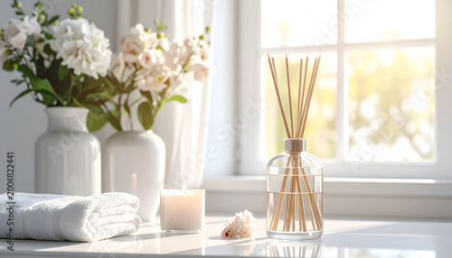 Aromatherapy diffuser with flowers and towels in a bright room.