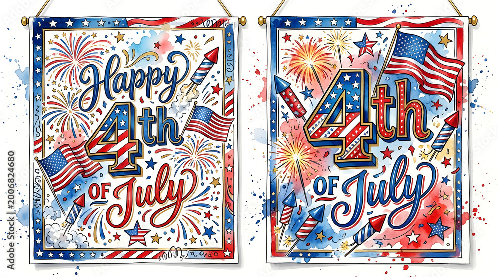 Obraz premium Festive 4th of july decorations two vibrant patriotic wall hangings