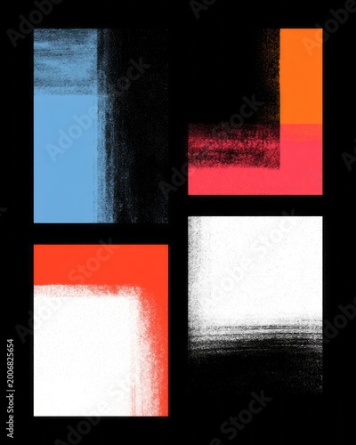 Abstract neo brutalist geometric poster with colorful rectangular blocks, grunge texture and black background. AI generative