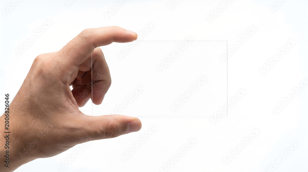 Obraz premium Hand holding transparent glass card on white background
